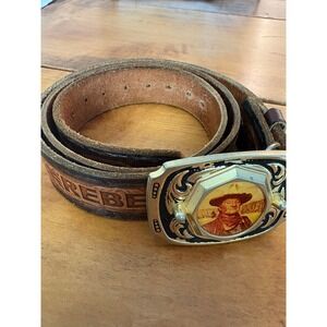 Unbranded Belt Mens 47 John Wayne Buckle Rebel Tooled Leather Brown Western